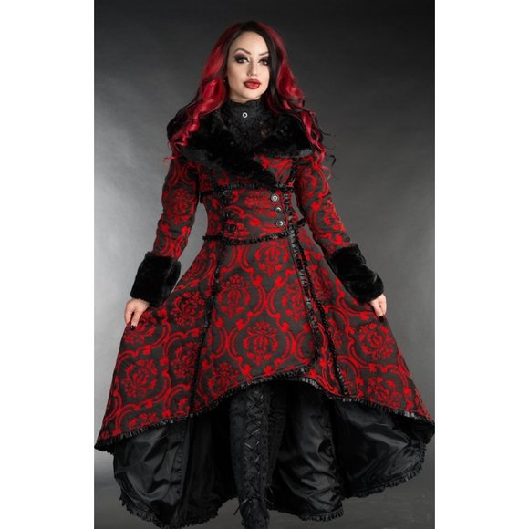 New Heavy Brocade High Low Coat Queen Royal Princess Renaissance Medieval Red - Picture 3 of 8